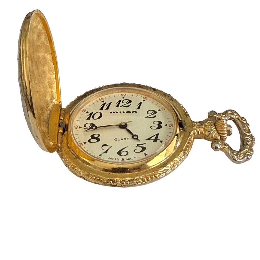 Milan Quartz Pocket Watch Hunter Case Basketweave Gold Tone 45mm Japan Movt Mens